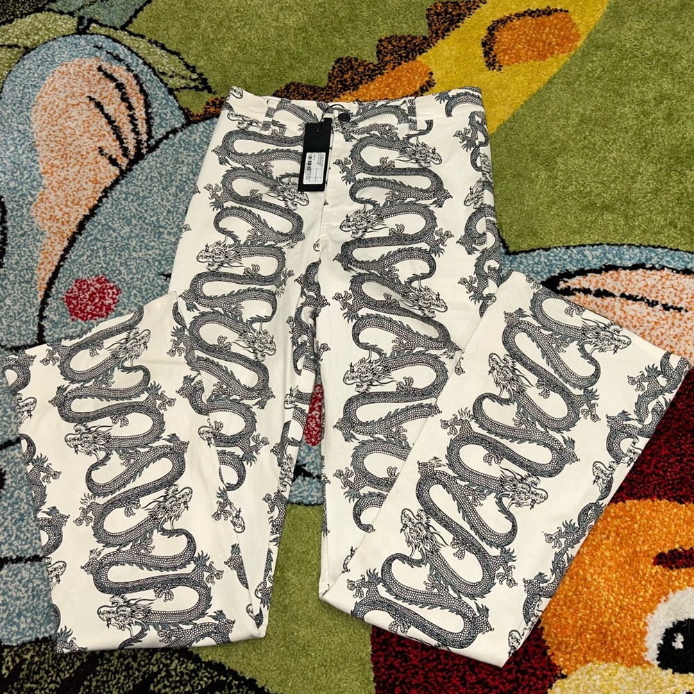 NWT Motel Rocks High Waisted Flare Pants with Black and Blue Dragon Design